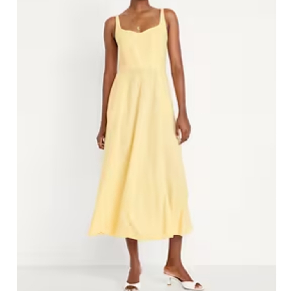 Old Navy XL Tall Light Yellow Fit & Flare Midi Dress Linen Blend V-Neck - Picture 2 of 13